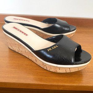 Prada Women's Wedge Sandals, Patent Black Cork, Size 7, Made in Italy